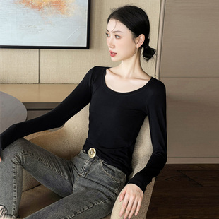 纯棉U领长袖T恤女大圆领紧身内搭打底衫低领口瑜伽舞蹈练功服上衣