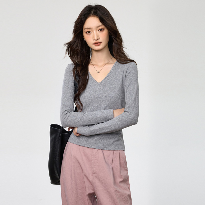 纯棉大V领长袖T恤女鸡心领低领口