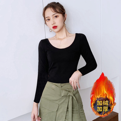 加绒加厚U领大圆领口低领长袖女