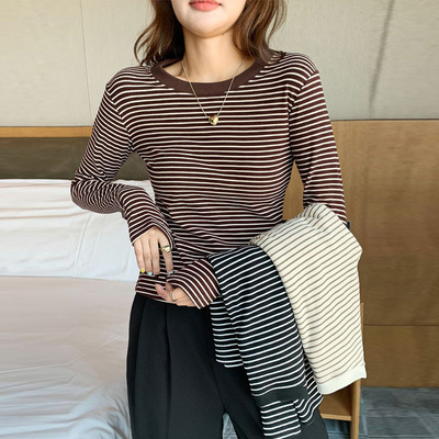 黑白细横条纹长袖T恤女外穿内搭