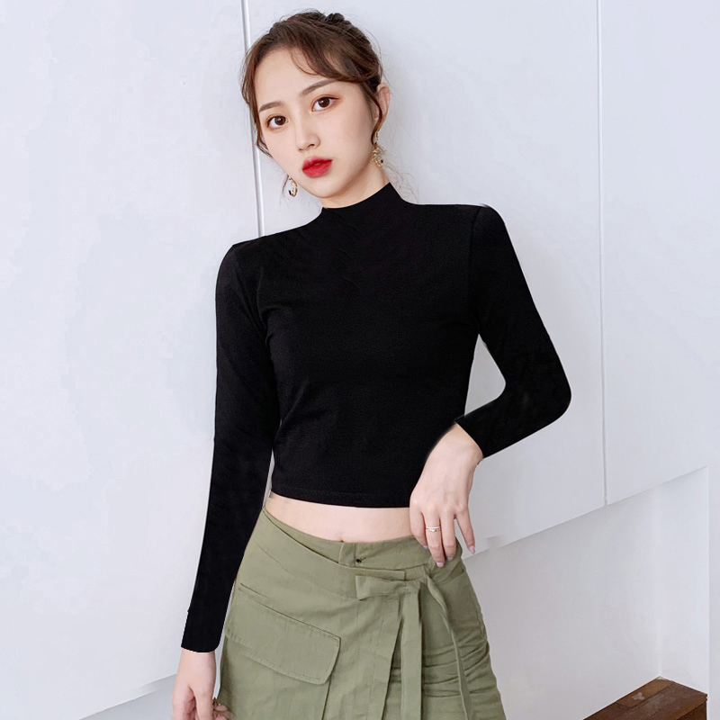 露背长袖中领半高领短款露脐高腰