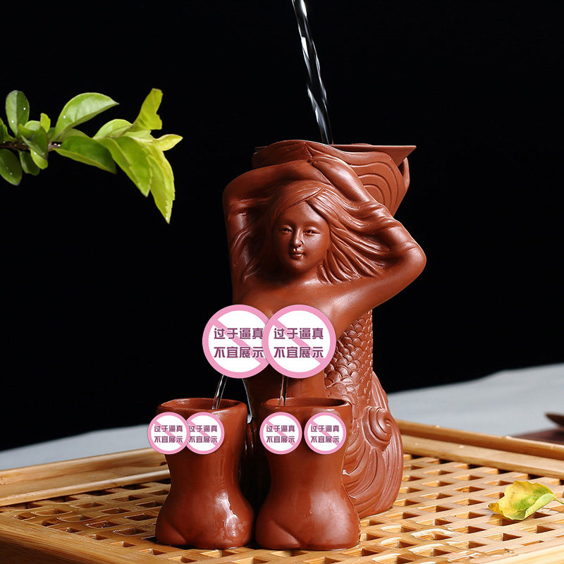 创意紫砂美女茶漏个性美人鱼喷水茶宠摆件