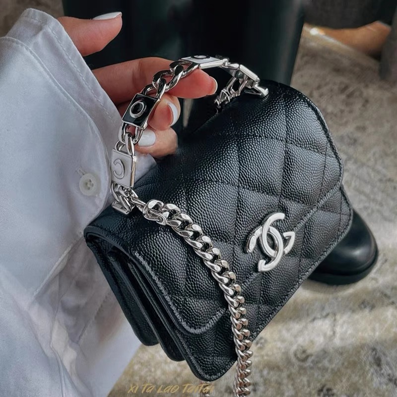 小香风真皮小方包2024新款珐琅手柄mini小废包菱格链条斜挎口红包