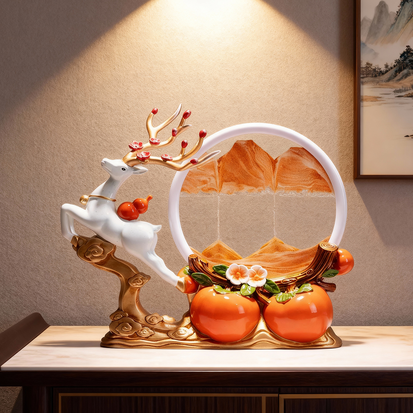 一路发财沙画摆件客厅中式餐边柜柿柿如意沙漏装饰品玄关柜工艺品