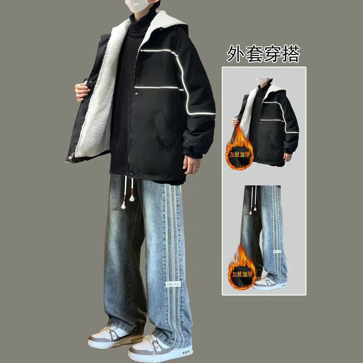 男款冬季新款羊羔绒夹克加绒加厚保暖外套工装连帽棉服穿搭痞帅气