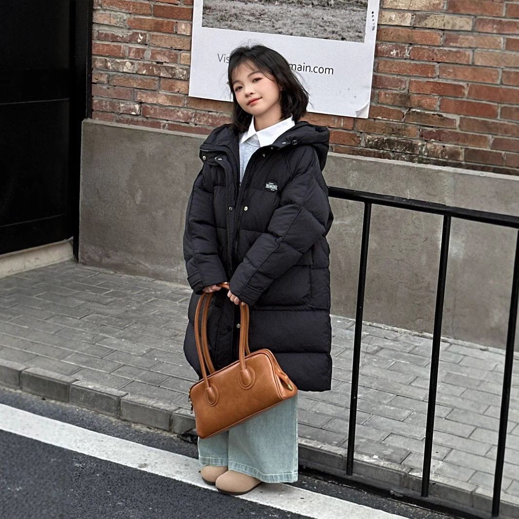 女童冬装羽绒服外套2024新款儿童过膝中长款加厚连帽保暖大衣