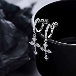 十字架满钻耳环男小众百搭高级锆石无耳洞耳夹欧美嘻哈带钻耳钉女
