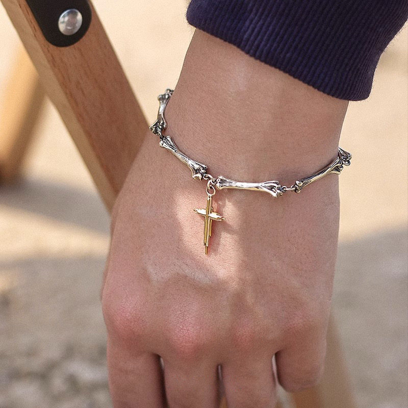 十字架骨头手链男小众设计感百搭复古高级感配饰潮流时尚嘻哈手饰