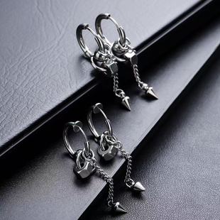 圆锥长链耳环男复古高级感小众设计流苏无耳洞耳夹女耳钉轻奢耳饰