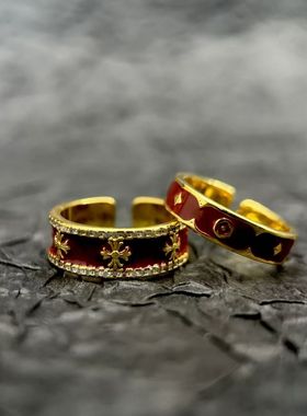 复古老酒花酒红金色戒指男十字架小众高级感食指戒女指环新款戒子