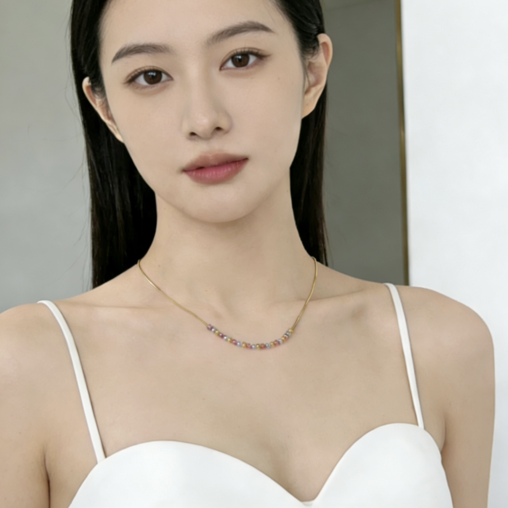 日韩版简约小圆珠彩金项链 短款锁骨链 女生时尚镀黄金细链子
