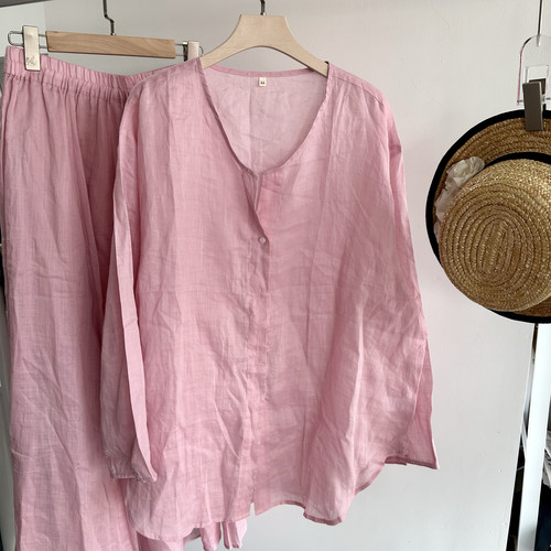 粉色苎麻套装女夏季显白V领衬衣+半裙两件套