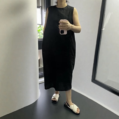 2025法式色织亚麻蓝条纹chic简约无袖弧形简约圆领连衣裙