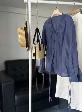 法式衬衫褶皱v领设计感百搭牛仔蓝色长袖上衣