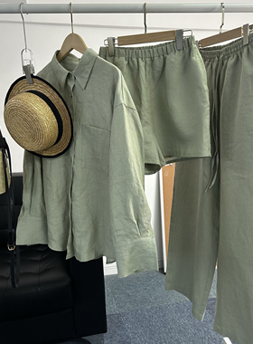 2025新绿色色织竖条纹亚麻衬衫宽松慵懒风中长款衬衣+短裤套装女