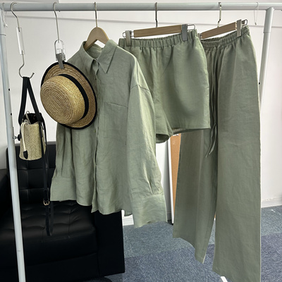 自制灰豆绿色织亚麻条纹宽松衬衫