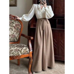阔腿裤 山野逸梦「述木」高腰设计宽松廓形系带装 饰垂坠感复古风格