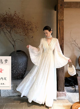 春夏白色V领收腰蕾丝大摆连衣裙