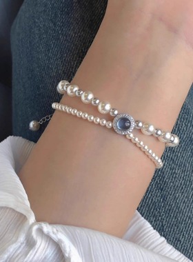 s925银海蓝宝施家珍珠手链女麻灰色强光小米珠气质双层手串手饰