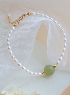 青罗米粒珍珠和田玉手链气质网红小红书同款闺蜜生日礼物手串