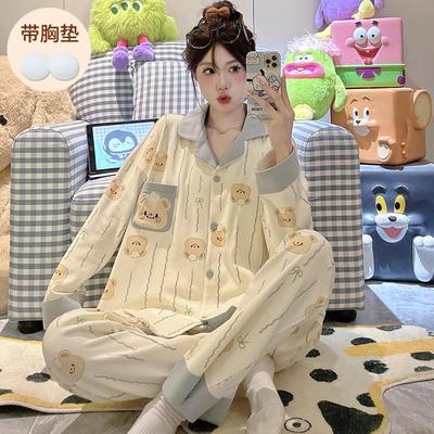 带胸垫睡衣女款春秋季长袖纯棉韩版ins风可爱卡通开衫大码家居服