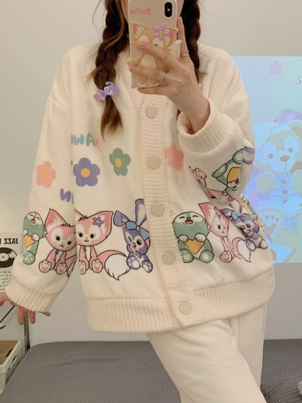 AUTUMN AND WINTER PAJAMAS WOMENS THICKENED FLEECE CORAL VELVET LONG SLEEVE CUTE PRINCESS STYLE CARDIGAN FLANNEL WARM LOUNGEWEAR