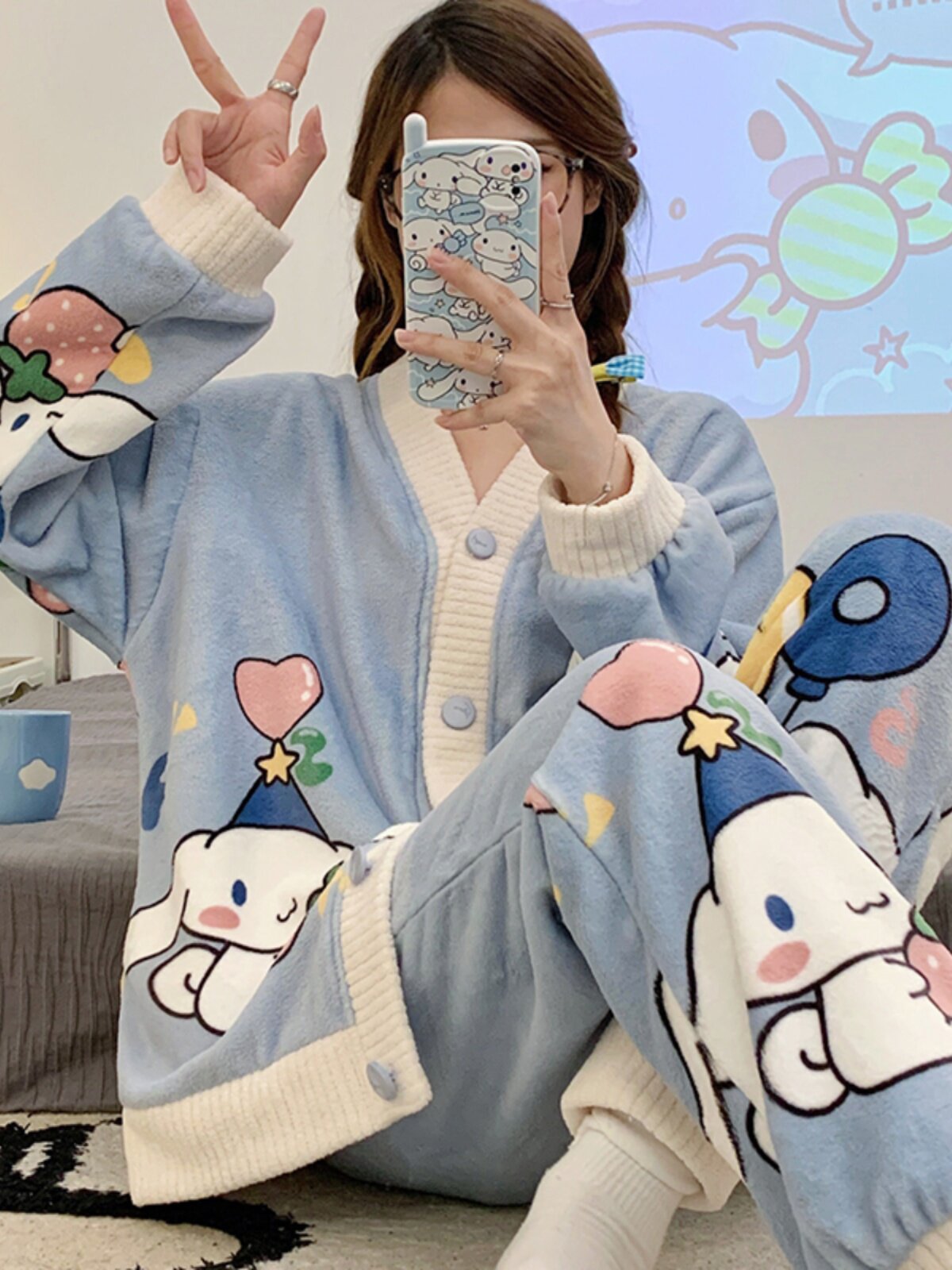 AUTUMN AND WINTER PAJAMAS WOMENS THICKENED FLEECE CORAL VELVET LONG SLEEVE CUTE PRINCESS STYLE CARDIGAN FLANNEL WARM LOUNGEWEAR