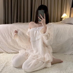 日系秋冬季睡衣女加厚珊瑚绒长袖法兰绒睡裙浴袍甜美公主风家居服