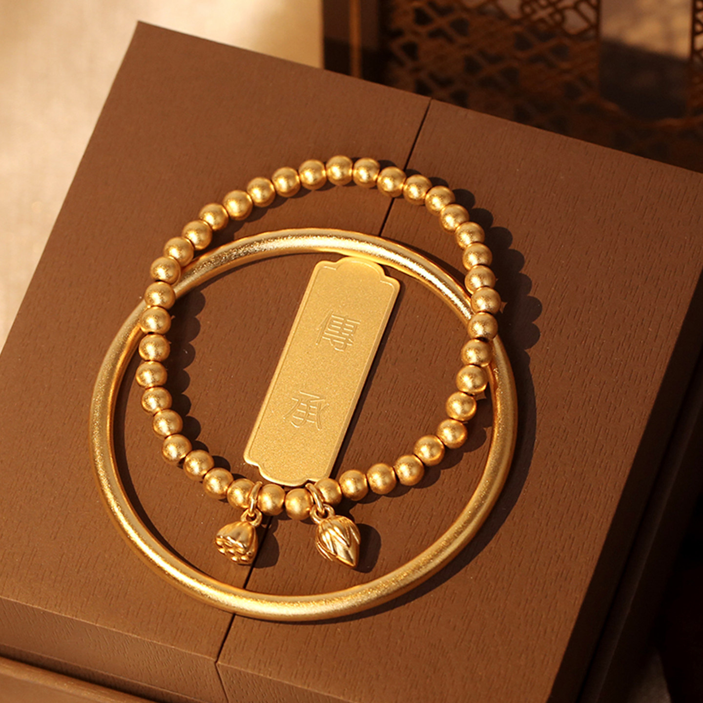 小红书款传承古法手镯粗4mm仿真沙金手环两世欢莲蓬手链实心手环