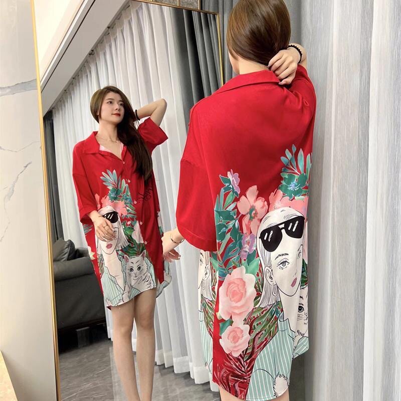 春夏秋季印花翻领冰丝衬衫睡裙家居服新款网红直播开衫超柔缎面衫