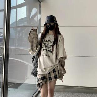 胖MM特大码300斤不对称拼接格纹春秋季卫衣女字母印花假两件上衣2