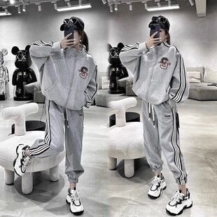 条纹减龄阔腿裤 女秋季 两件套2 300斤胖MM宽松休闲运动服套装 特大码