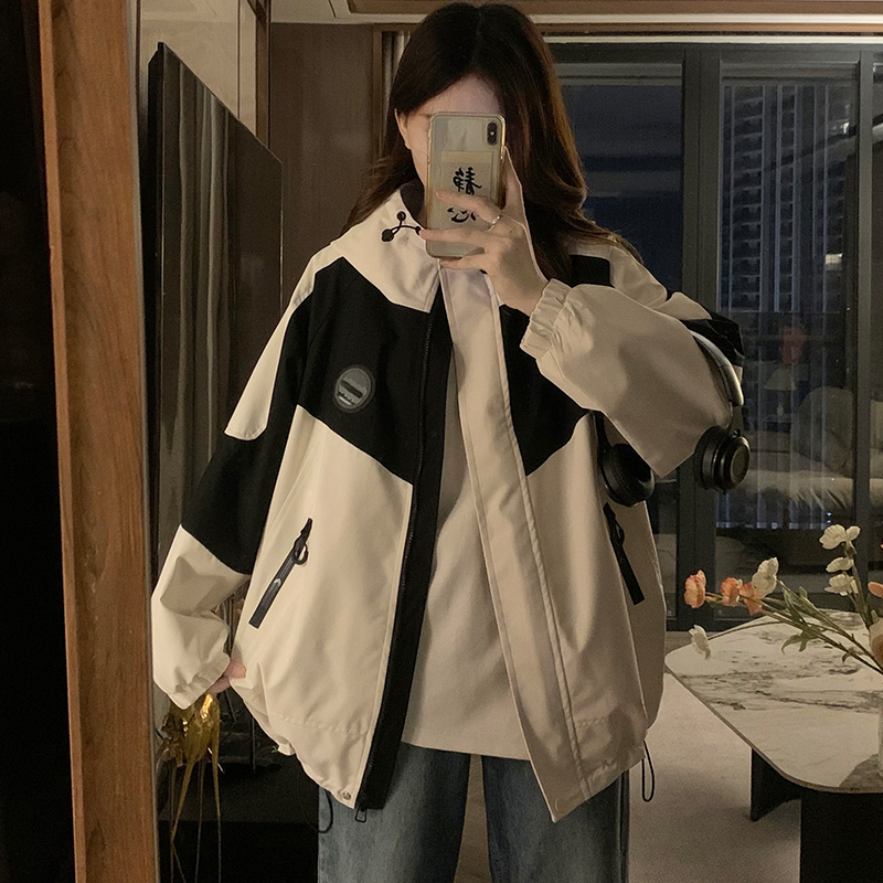 实拍 冲锋衣外套女秋冬季学生洋气宽松休闲三防连帽工装外套
