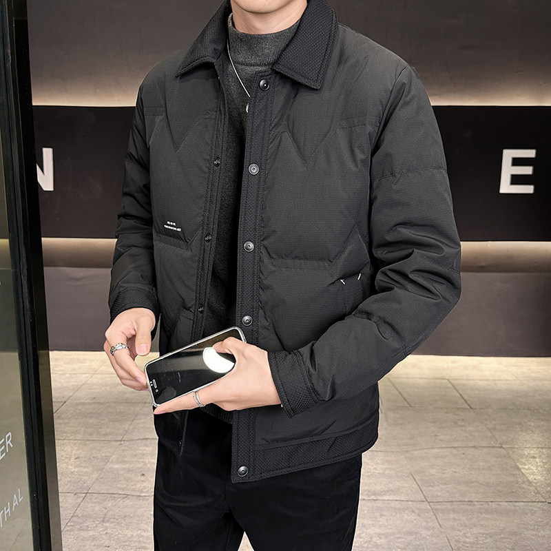 翻领短款羽绒服男新款冬季休闲潮牌轻薄保暖外套纯色百搭上衣男装