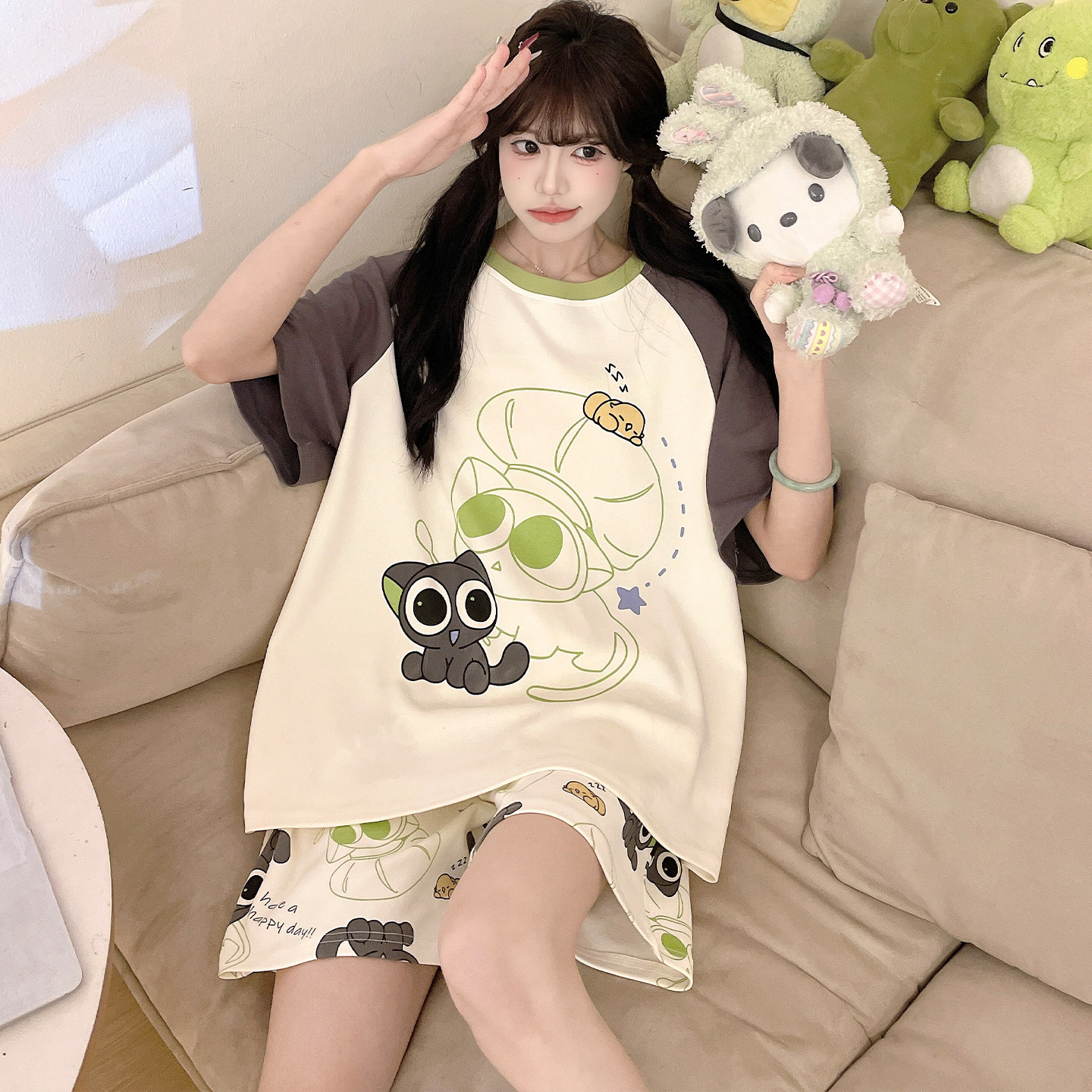 睡衣女孩纯棉可爱卡通夏季短袖初中学生大童青少年甜美家居服套装