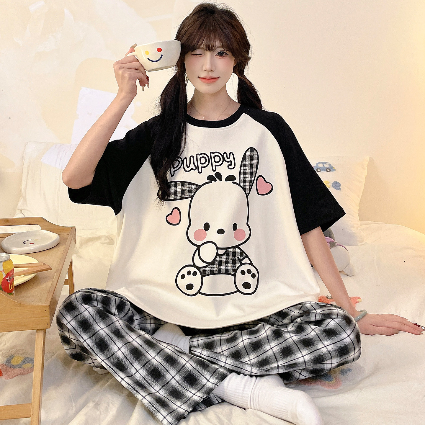 青少年纯棉睡衣女孩卡通可爱长裤夏季初中学生大童短袖家居服套装