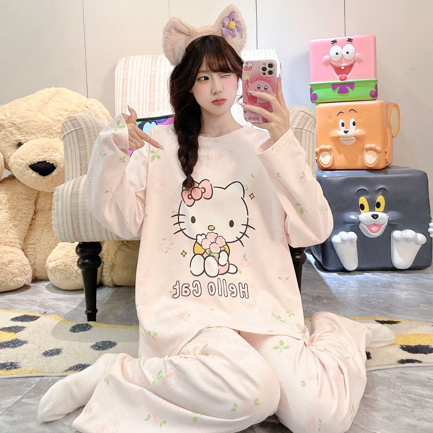 纯棉青少年睡衣女孩春秋长袖卡通甜美圆领大童初中学生套装家居服
