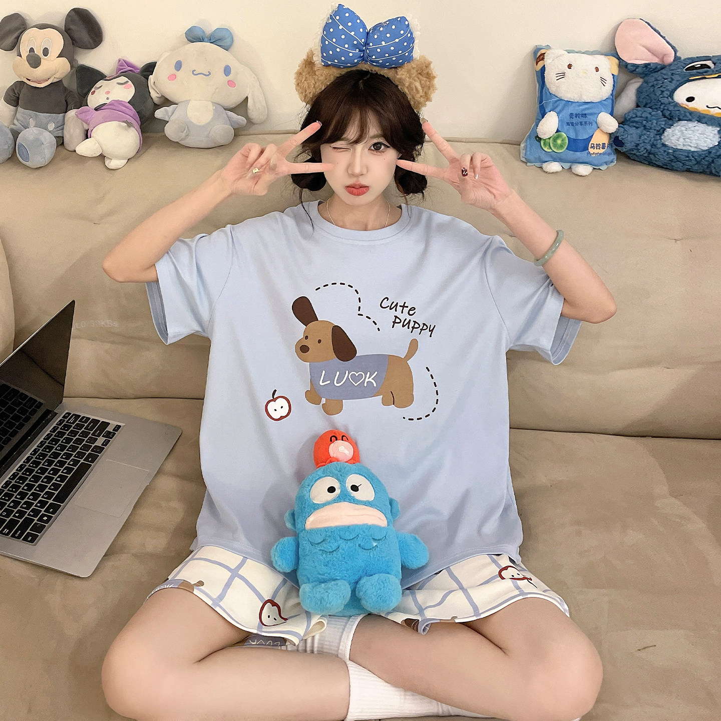 夏季睡衣女孩可爱卡通短裤短袖初中学生大童青少年纯棉家居服套装