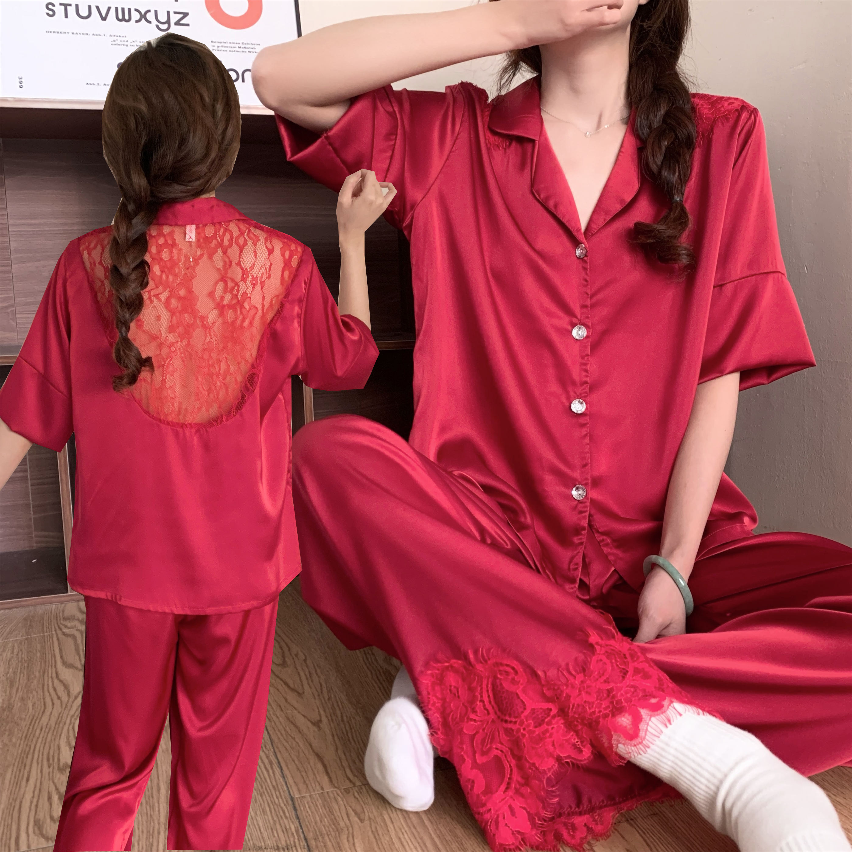 大红睡衣女生春夏季冰丝薄款妈妈夏天短袖卡通可爱凉感家居服套装