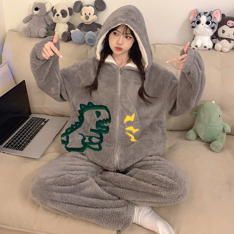 睡衣女士卡通珊瑚绒冬季拉链甜美宽松加厚青少年可外穿家居服套装
