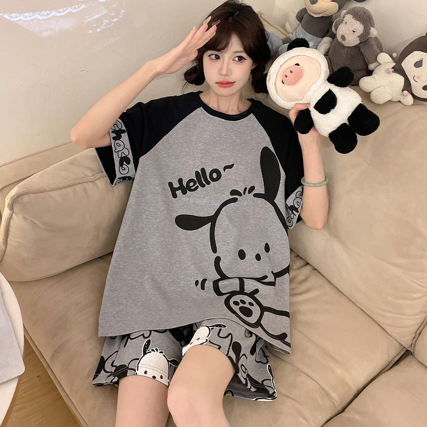 纯棉青少年睡衣女孩可爱卡通短裤短袖初中学生大童套装家居服夏季