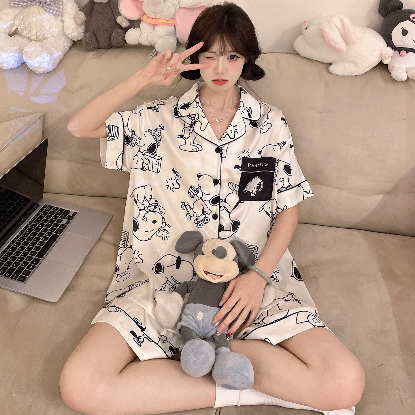 夏天睡衣女孩冰丝薄款凉感短袖青少年初中卡通可爱动漫套装家居服