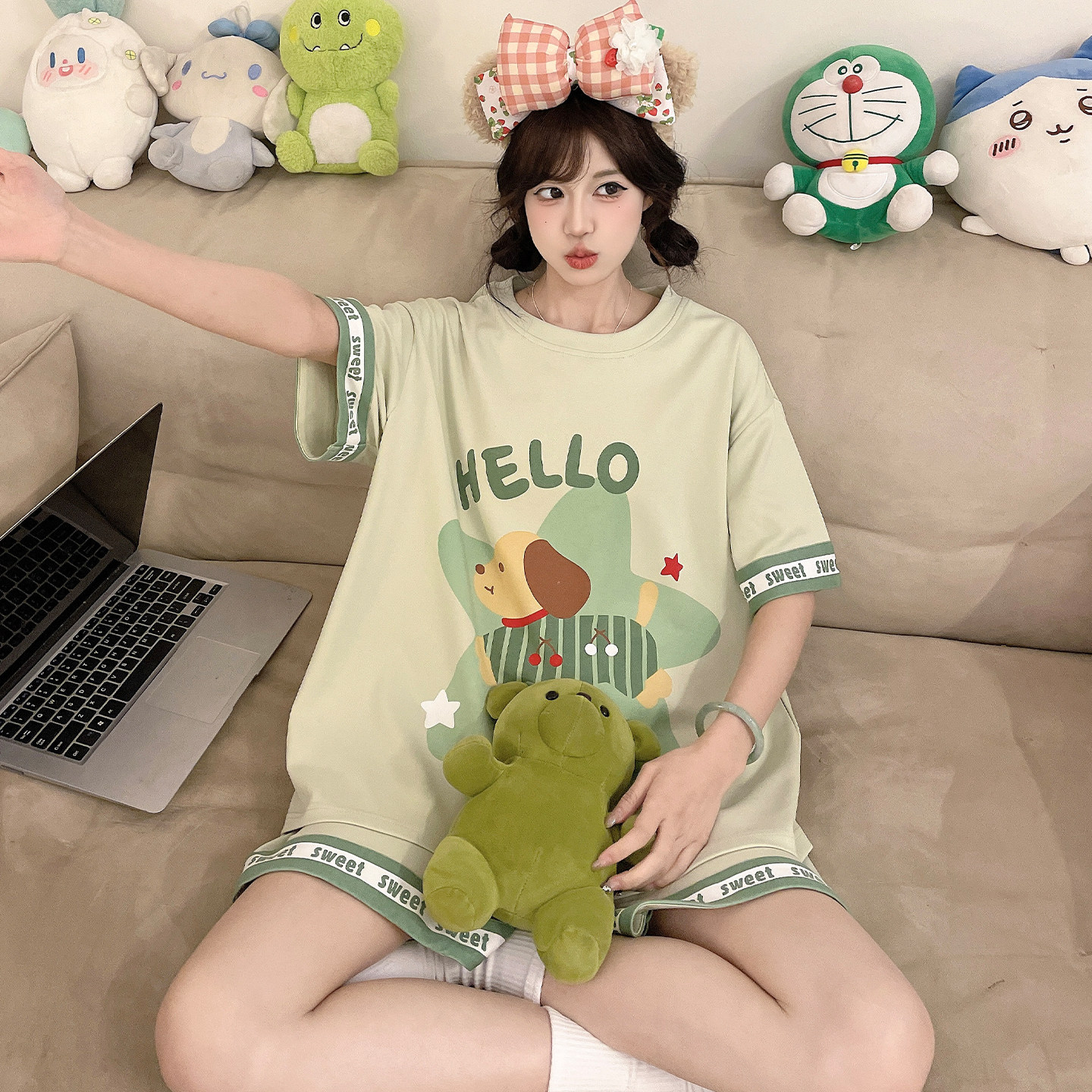 青少年睡衣女孩可爱卡通纯棉短裤夏季短袖初中学生大童家居服套装