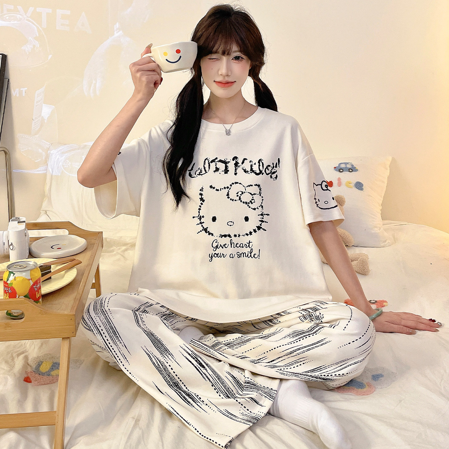 青少年纯棉睡衣女孩卡通可爱长裤夏季初中学生大童短袖套装家居服
