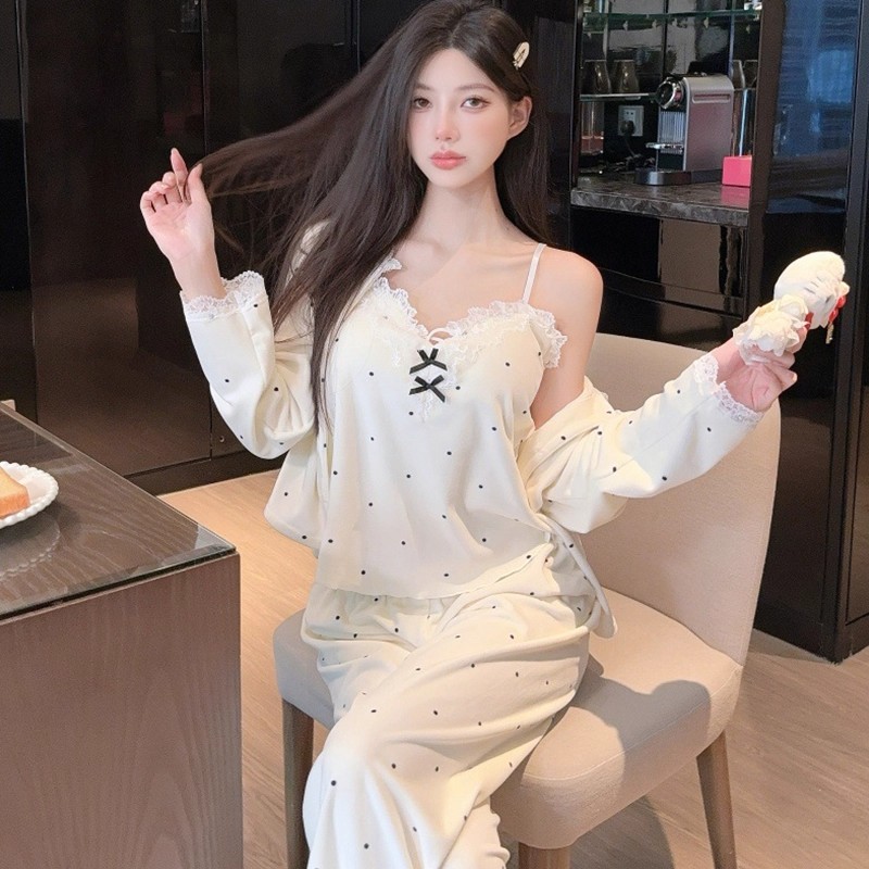 冬季睡衣女款海岛绒三件套吊带带胸垫开衫纯欲性感加绒加厚家居服