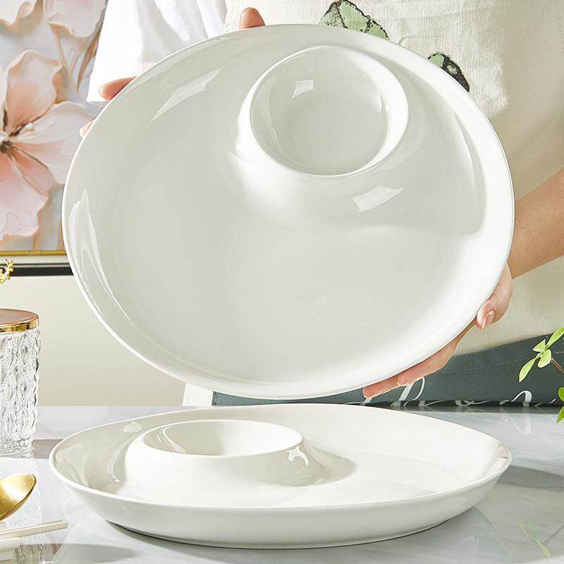 陶瓷水饺盘子家用大号分格盘带醋碟卤水拼盘吃水饺专用蘸料碟虾盘
