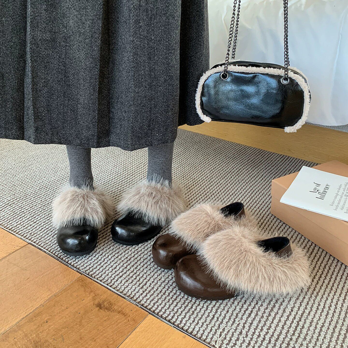 周末姑娘真皮内增高勃肯鞋女2026冬季新款加绒两穿百搭毛毛单鞋子