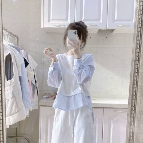 胖mm大码300斤拼接背心假两件条纹衬衫女春夏季宽松显瘦套头上衣2