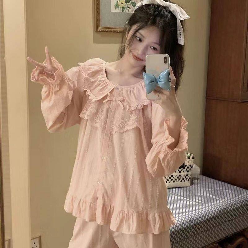 胖mm特大码300斤韩版甜美睡衣公主风蕾丝花边长袖长裤棉布家居服2