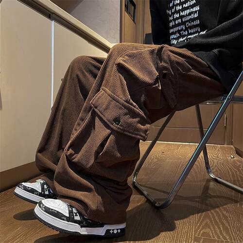 胖GG大码300斤美式复古多口袋工装裤秋冬ins潮牌宽松灯芯绒阔腿裤